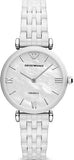 Buy Shop Emporio Armani Giannti T Bar Quartz Mother of Pearl Dial White Steel Strap Watch For Women - AR1485 USA Online
