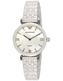Buy Shop Emporio Armani Giannti T Bar Quartz Mother of Pearl Dial White Steel Strap Watch For Women - AR1485 USA Online