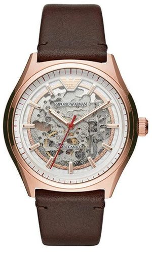 Buy Shop Emporio Armani Meccanico White Skeleton Dial Brown Leather Strap Watch For Men - AR60005 USA Online
