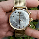 Buy Shop Emporio Armani Aviator Chronograph Quartz Beige Dial Gold Mesh Bracelet Watch For Men - AR11315 USA Online