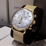 Buy Shop Emporio Armani Aviator Chronograph Quartz Beige Dial Gold Mesh Bracelet Watch For Men - AR11315 USA Online