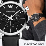 Buy Shop Emporio Armani Classic Chronograph Black Dial Black Leather Strap Watch For Men - AR1733 USA Online