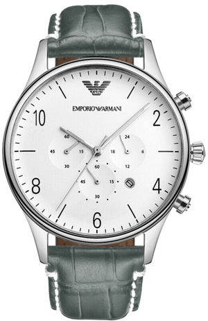 Buy Shop Emporio Armani Classic Chronograph Silver Dial Grey Leather Strap Watch For Men - AR1861 USA Online