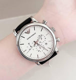 Buy Shop Emporio Armani Classic Quartz Chronograph White Dial Black Leather Strap Watch For Men - AR1807 USA Online