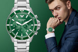Buy Shop Emporio Armani Diver Chronograph Green Dial Silver Steel Strap Watch For Men - AR11500 USA Online