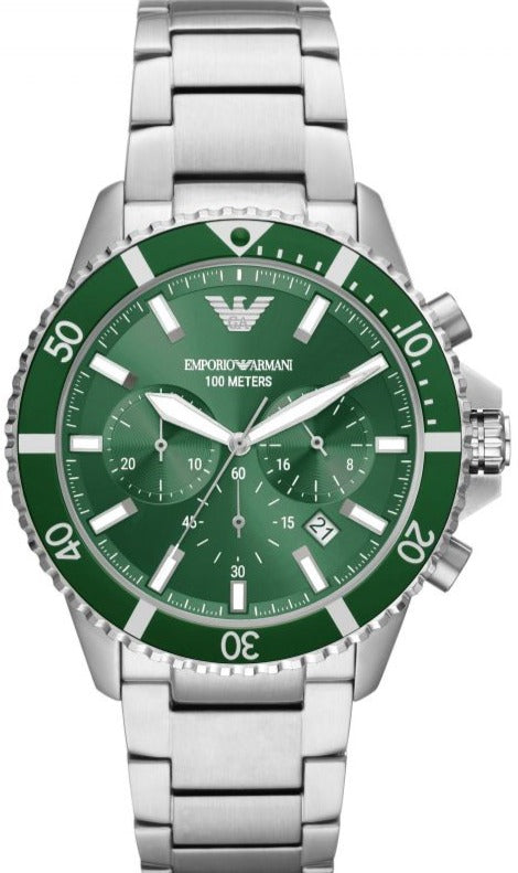 Buy Shop Emporio Armani Diver Chronograph Green Dial Silver Steel Strap Watch For Men - AR11500 USA Online