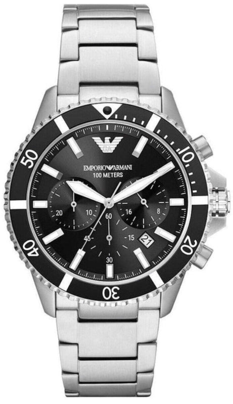 Buy Shop Emporio Armani Diver Chronograph Quartz Black Dial Silver Steel Strap Watch For Men - AR11360 USA Online