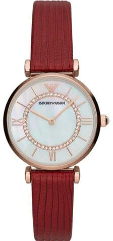 Buy Shop Emporio Armani Gianni T-Bar Analog Mother of Pearl Dial Red Leather Strap Watch For Women - AR11322 USA Online