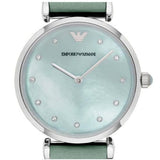 Buy Shop Emporio Armani Gianni T Bar Mother Of Pearl Blue Dial Blue Leather Strap Watch For Women - AR1959 USA Online