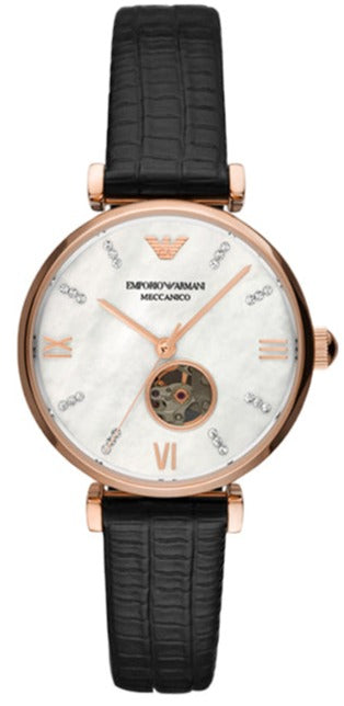 Buy Shop Emporio Armani Gianni T Bar Mother of Pearl White Dial Black Leather Strap Watch For Women - AR60047 USA Online