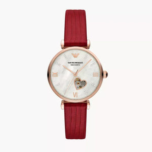 Buy Shop Emporio Armani Gianni T-Bar Mother of Pearl White Dial Red Leather Strap Watch For Women - AR60048 USA Online