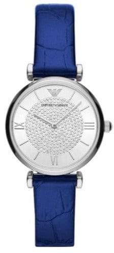Buy Shop Emporio Armani Gianni T Bar Quartz Crystals Silver Dial Blue Leather Strap Watch For Women - AR11344 USA Online