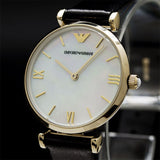 Buy Shop Emporio Armani Gianni T-Bar Quartz Mother of Pearl Dial Black Leather Strap Watch For Women - AR1910 USA Online