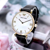 Buy Shop Emporio Armani Gianni T-Bar Quartz Mother of Pearl Dial Black Leather Strap Watch For Women - AR1910 USA Online