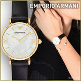 Buy Shop Emporio Armani Gianni T-Bar Quartz Mother of Pearl Dial Black Leather Strap Watch For Women - AR1910 USA Online