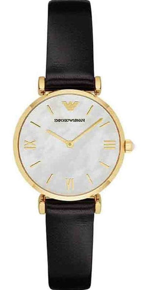 Buy Shop Emporio Armani Gianni T-Bar Quartz Mother of Pearl Dial Black Leather Strap Watch For Women - AR1910 USA Online