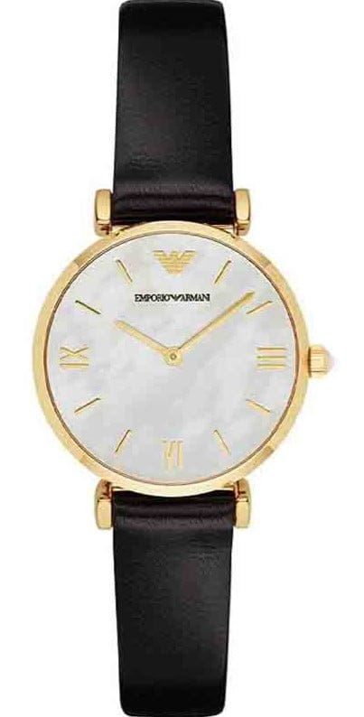 Buy Shop Emporio Armani Gianni T-Bar Quartz Mother of Pearl Dial Black Leather Strap Watch For Women - AR1910 USA Online