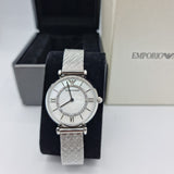 Buy Shop Emporio Armani Gianni T-Bar Quartz Mother of Pearl Dial Silver Mesh Bracelet Watch For Women - AR11319 USA Online