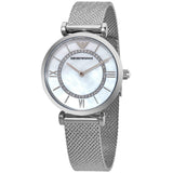 Buy Shop Emporio Armani Gianni T-Bar Quartz Mother of Pearl Dial Silver Mesh Bracelet Watch For Women - AR11319 USA Online