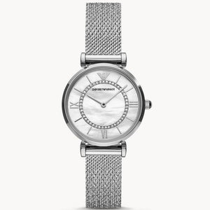 Buy Shop Emporio Armani Gianni T-Bar Quartz Mother of Pearl Dial Silver Mesh Bracelet Watch For Women - AR11319 USA Online