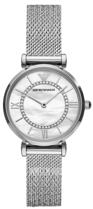 Buy Shop Emporio Armani Gianni T-Bar Quartz Mother of Pearl Dial Silver Mesh Bracelet Watch For Women - AR11319 USA Online
