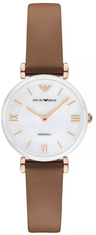 Buy Shop Emporio Armani Gianni T Bar Quartz Mother of Pearl White Dial Brown Leather Strap Watch For Women - AR11040 USA Online