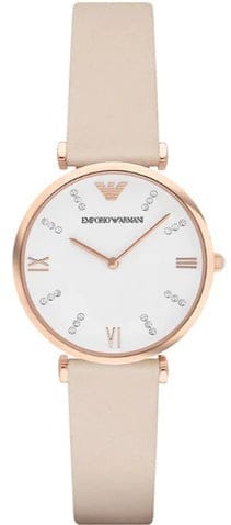 Buy Shop Emporio Armani Gianni T Bar Quartz White Dial Beige Leather Strap Watch For Women - AR1927 USA Online