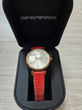 Buy Shop Emporio Armani Gianni T Bar Silver Dial Red Leather Strap Watch For Women - AR1876 USA Online
