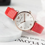 Buy Shop Emporio Armani Gianni T Bar Silver Dial Red Leather Strap Watch For Women - AR1876 USA Online