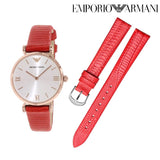 Buy Shop Emporio Armani Gianni T Bar Silver Dial Red Leather Strap Watch For Women - AR1876 USA Online