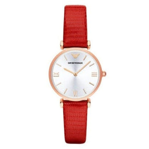 Buy Shop Emporio Armani Gianni T Bar Silver Dial Red Leather Strap Watch For Women - AR1876 USA Online