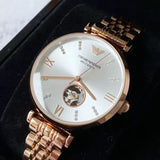 Buy Shop Emporio Armani Gianni T-Bar Silver Dial Rose Gold Steel Strap Watch For Women - AR60023 USA Online