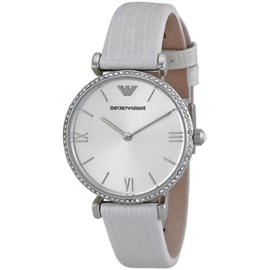 Buy Shop Emporio Armani Gianni T-Bar Silver Dial White Leather Strap Watch for Women - AR1680 USA Online