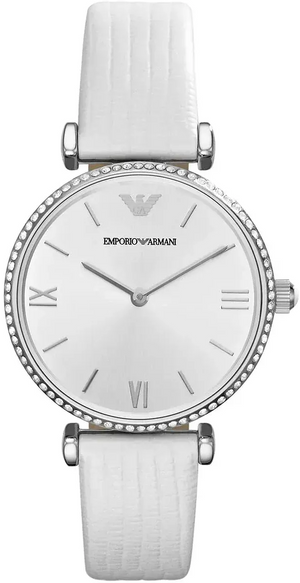 Buy Shop Emporio Armani Gianni T-Bar Silver Dial White Leather Strap Watch for Women - AR1680 USA Online