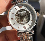Buy Shop Emporio Armani Gianni T Bar Silver Skeleton Dial Two Tone Strap Watch For Women - AR1992 USA Online