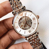 Buy Shop Emporio Armani Gianni T Bar Silver Skeleton Dial Two Tone Strap Watch For Women - AR1992 USA Online