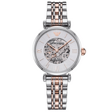 Buy Shop Emporio Armani Gianni T Bar Silver Skeleton Dial Two Tone Strap Watch For Women - AR1992 USA Online