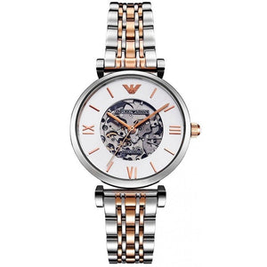 Buy Shop Emporio Armani Gianni T Bar Silver Skeleton Dial Two Tone Strap Watch For Women - AR1992 USA Online