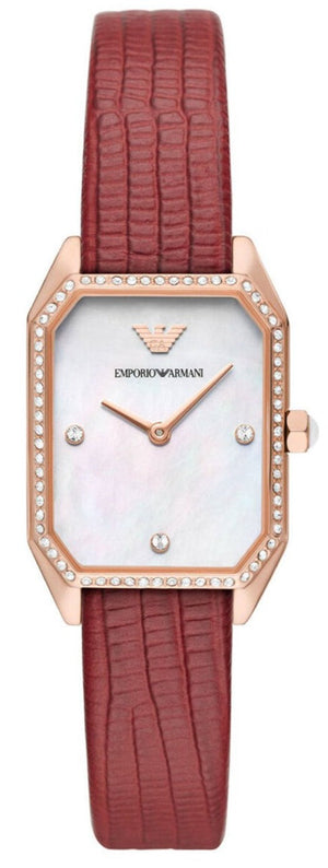 Buy Shop Emporio Armani Gianni T Bar Two-Hand Mother of Pearl Dial Red Leather Strap Watch For Women - AR11467 USA Online