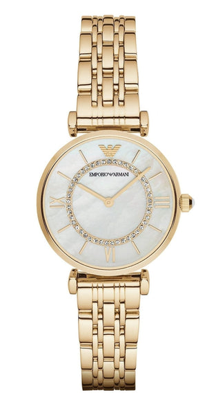 Buy Shop Emporio Armani Gianni T Bar White Mother of Pearl Dial Gold Steel Strap Watch For Women - AR1907 USA Online