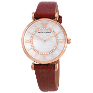 Buy Shop Emporio Armani Gianni T-Bar Analog Mother of Pearl Dial Red Leather Strap Watch For Women - AR11322 USA Online