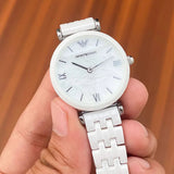 Buy Shop Emporio Armani Giannti T Bar Quartz Mother of Pearl Dial White Steel Strap Watch For Women - AR1485 USA Online