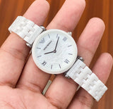 Buy Shop Emporio Armani Giannti T Bar Quartz Mother of Pearl Dial White Steel Strap Watch For Women - AR1485 USA Online