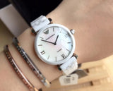 Buy Shop Emporio Armani Giannti T Bar Quartz Mother of Pearl Dial White Steel Strap Watch For Women - AR1485 USA Online