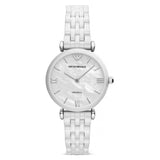 Buy Shop Emporio Armani Giannti T Bar Quartz Mother of Pearl Dial White Steel Strap Watch For Women - AR1485 USA Online