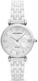 Buy Shop Emporio Armani Giannti T Bar Quartz Mother of Pearl Dial White Steel Strap Watch For Women - AR1485 USA Online