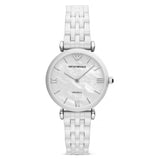 Buy Shop Emporio Armani Giannti T Bar Quartz Mother of Pearl Dial White Steel Strap Watch For Women - AR1485 USA Online