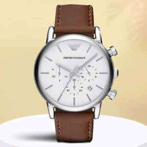 Buy Shop Emporio Armani Luigi Chronograph Silver Dial Brown Leather Strap Watch for Men - AR1846 USA Online