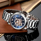 Buy Shop Emporio Armani Luigi Chronograph Skeleton Blue Dial Silver Steel Strap Watch For Men - AR60036 USA Online