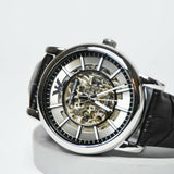 Buy Shop Emporio Armani Luigi Silver Skeleton Dial Black Leather Strap Watch For Men - AR1981 USA Online